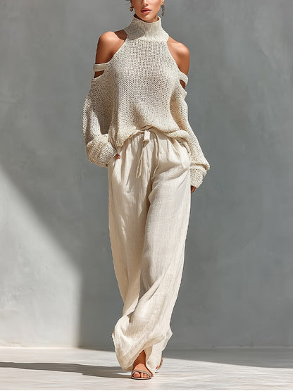 Elena | Elegantes Cold-Shoulder Strickset mit weitem Bein