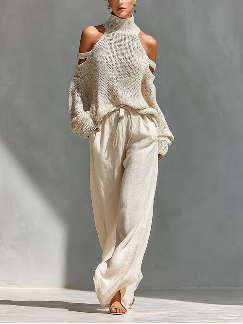 Elena | Elegantes Cold-Shoulder Strickset mit weitem Bein