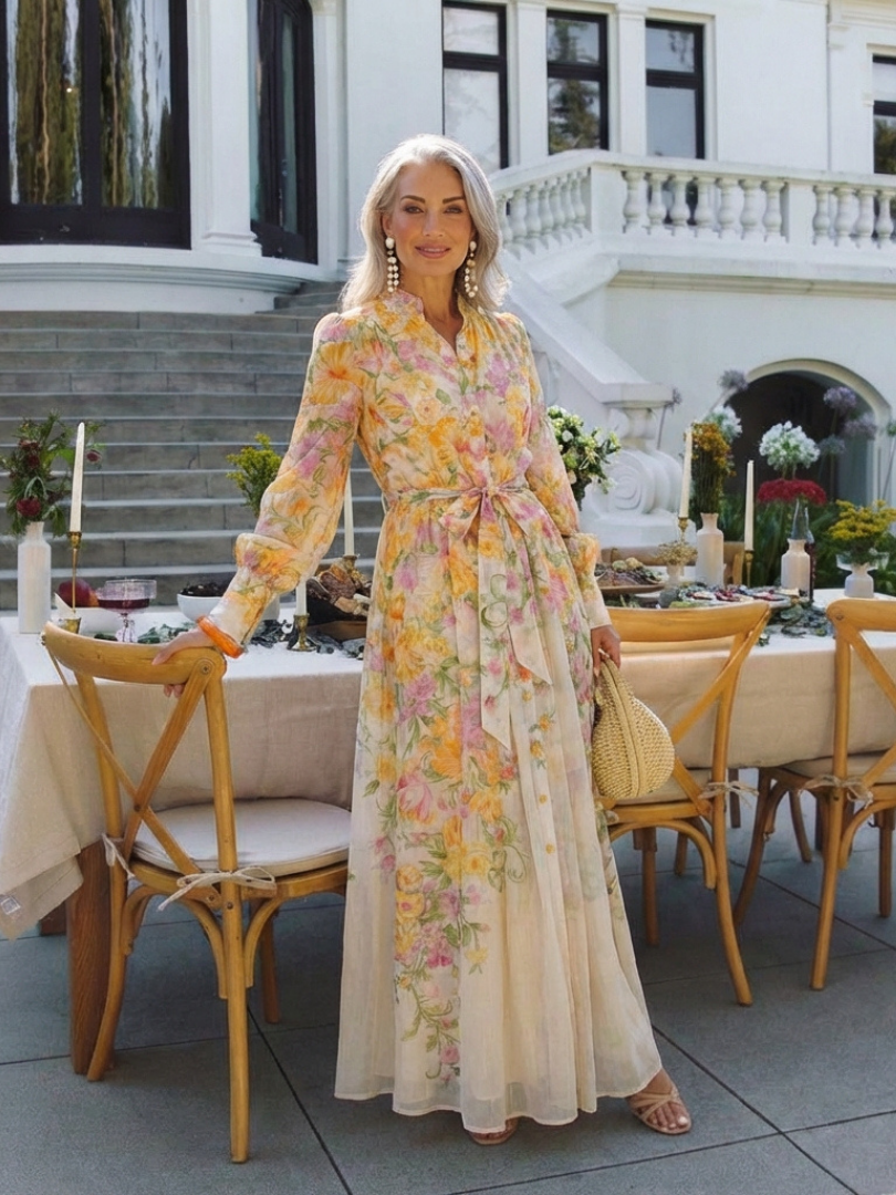 Katja | Elegantes Floral-Maxikleid mit langen Ärmeln