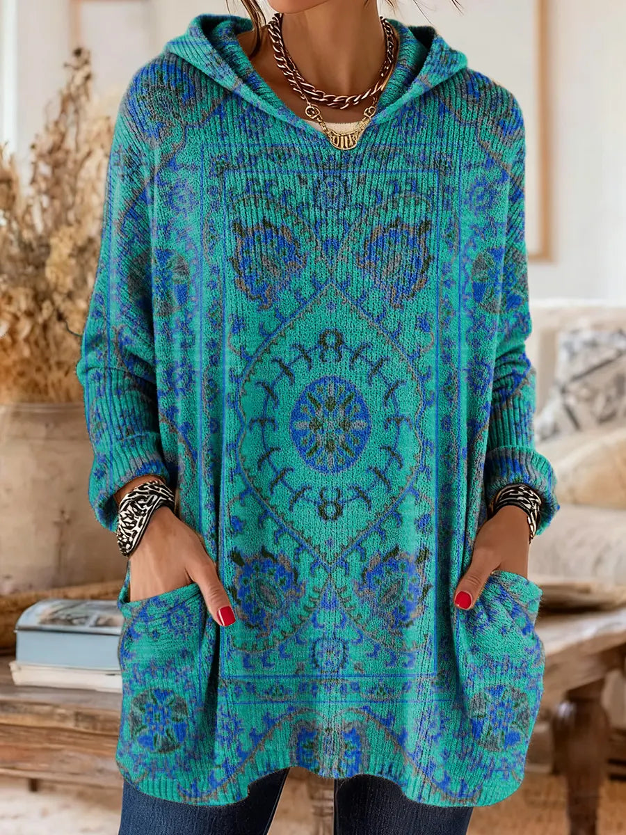 Amelie | Retro Kapuzen-Tunika mit Ethno-Print für Damen
