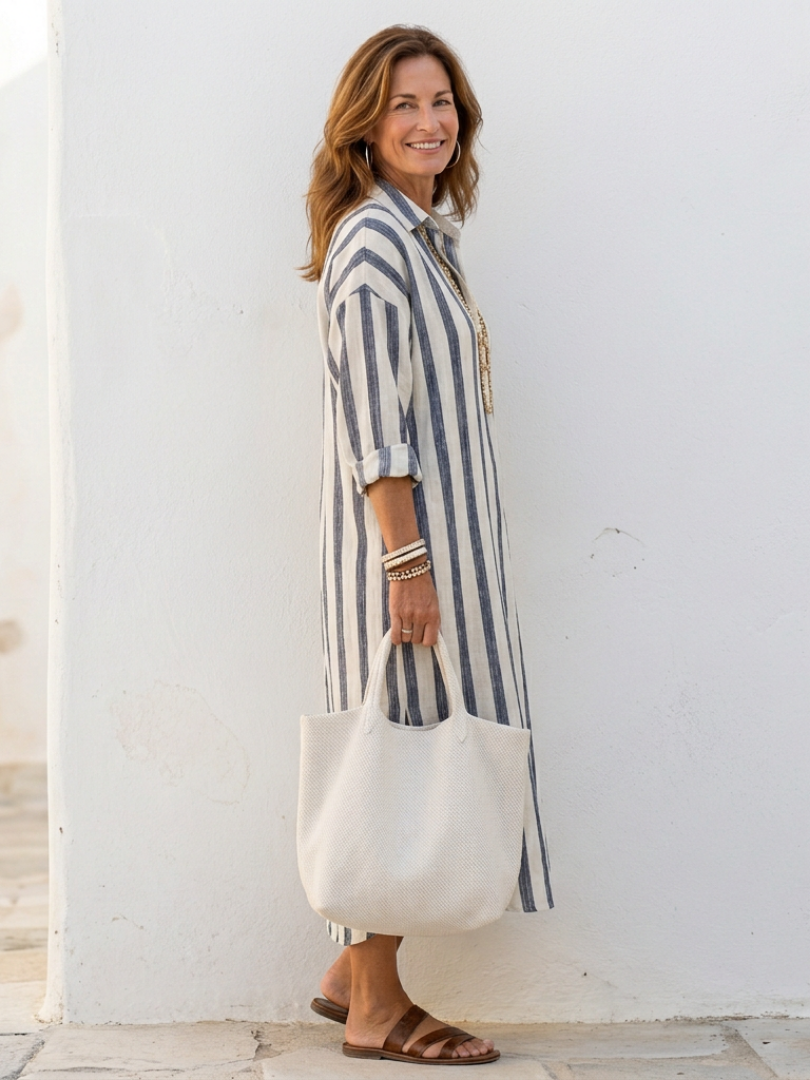 Anke | Elegantes gestreiftes Midi-Hemdkleid mit Knopfleiste
