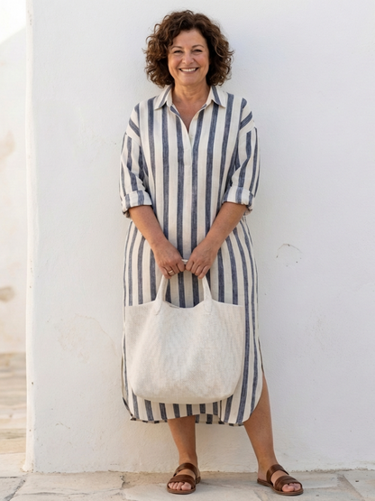 Anke | Elegantes gestreiftes Midi-Hemdkleid mit Knopfleiste