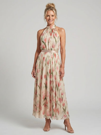Luviaren™ | Midi Blumenkleid mit Halter-Ausschnitt und Taillengürtel