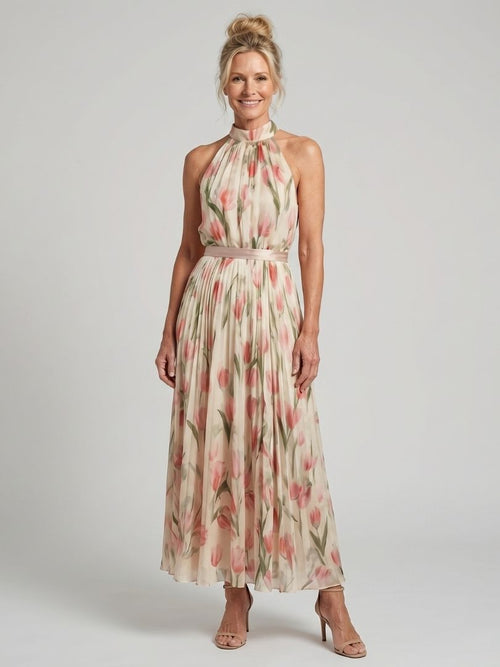 Luviaren™ | Midi Blumenkleid mit Halter-Ausschnitt und Taillengürtel