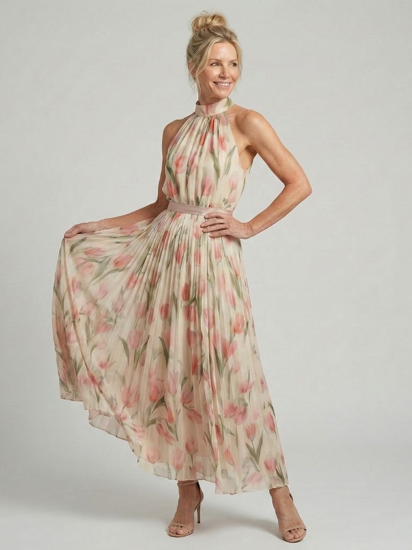 Luviaren™ | Midi Blumenkleid mit Halter-Ausschnitt und Taillengürtel