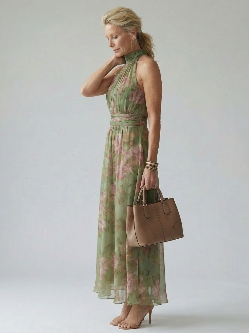 Luviaren™ | Midi Kleid mit Halterneck und gerafftem Oberteil