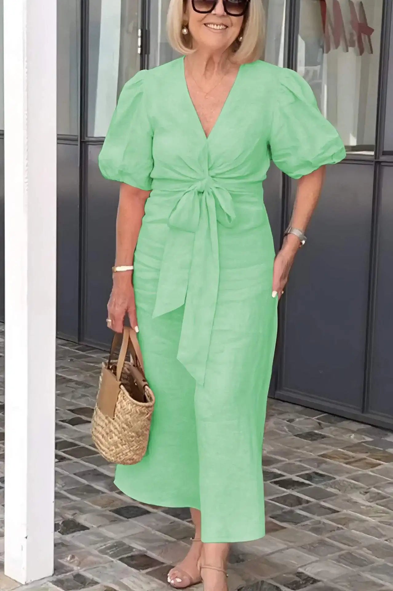 Aurelis™ | Damen Kleid mit V-Ausschnitt und Puffärmeln