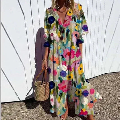 Luviaren™ | Wadenlanges Boho-Kleid mit V-Ausschnitt
