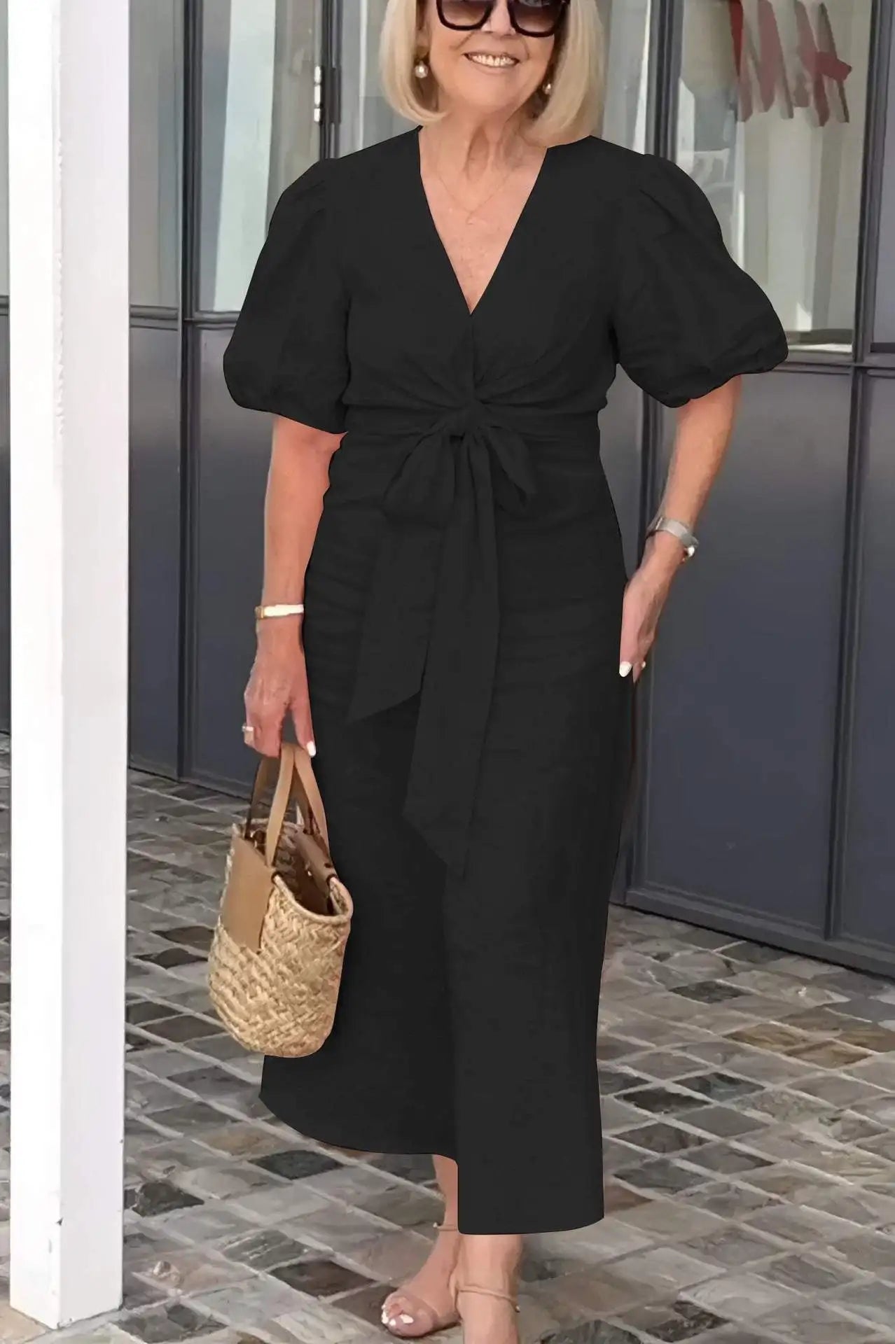 Aurelis™ | Damen Kleid mit V-Ausschnitt und Puffärmeln