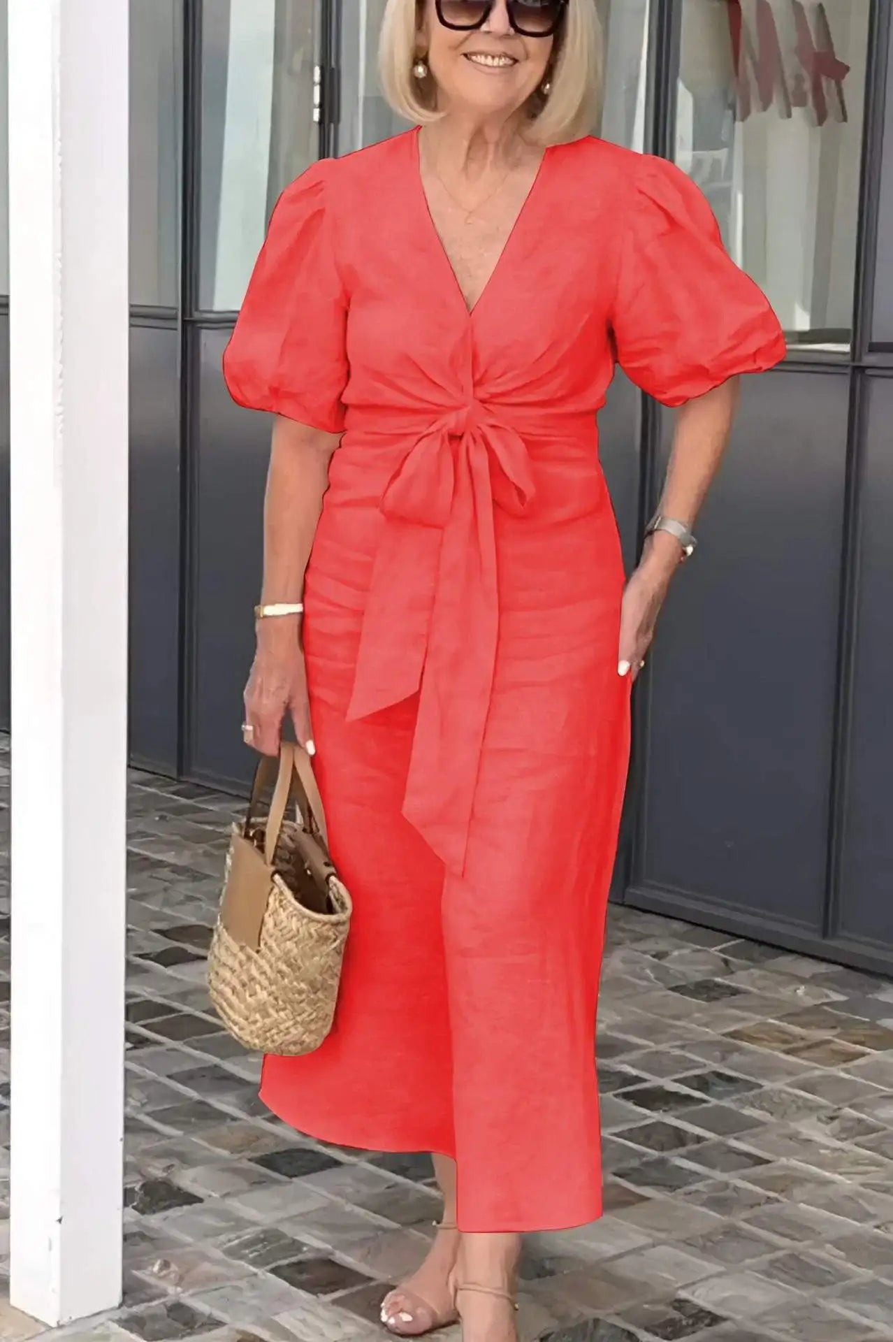 Aurelis™ | Damen Kleid mit V-Ausschnitt und Puffärmeln