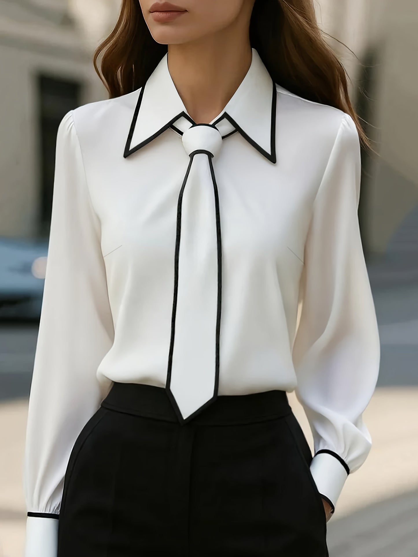 Emilia | Elegante Bluse mit kontrastierendem Kragen und Krawatten-Detail