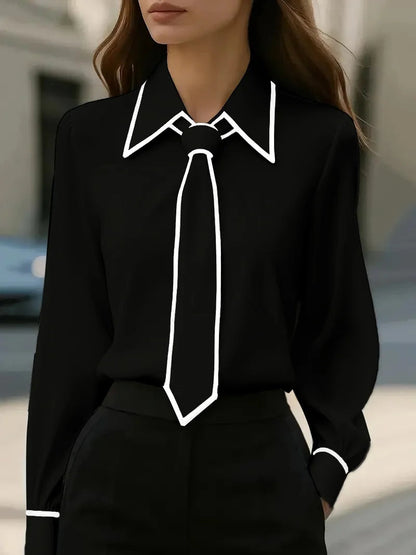 Emilia | Elegante Bluse mit kontrastierendem Kragen und Krawatten-Detail