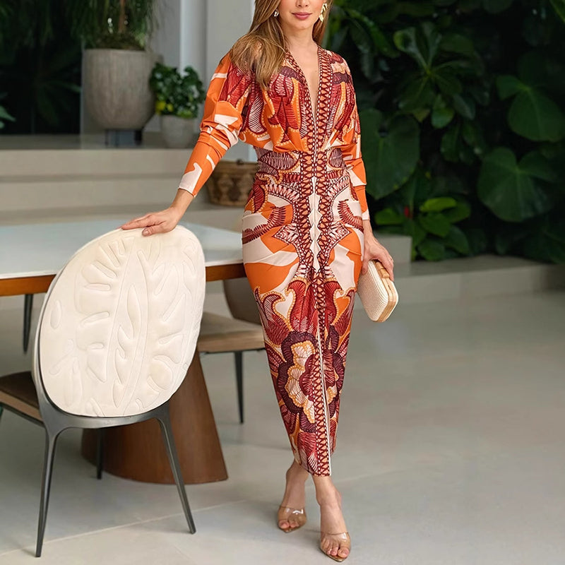 Cleo | Elegantes geometrisches Bodycon-Midikleid mit V-Ausschnitt