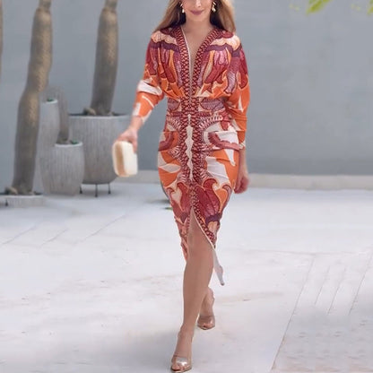 Cleo | Elegantes geometrisches Bodycon-Midikleid mit V-Ausschnitt
