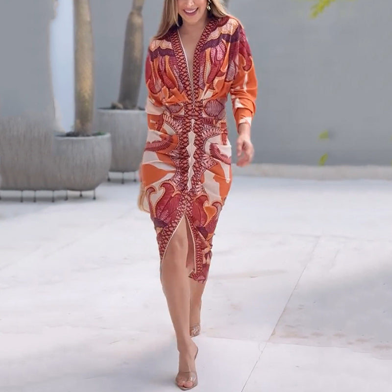 Cleo | Elegantes geometrisches Bodycon-Midikleid mit V-Ausschnitt