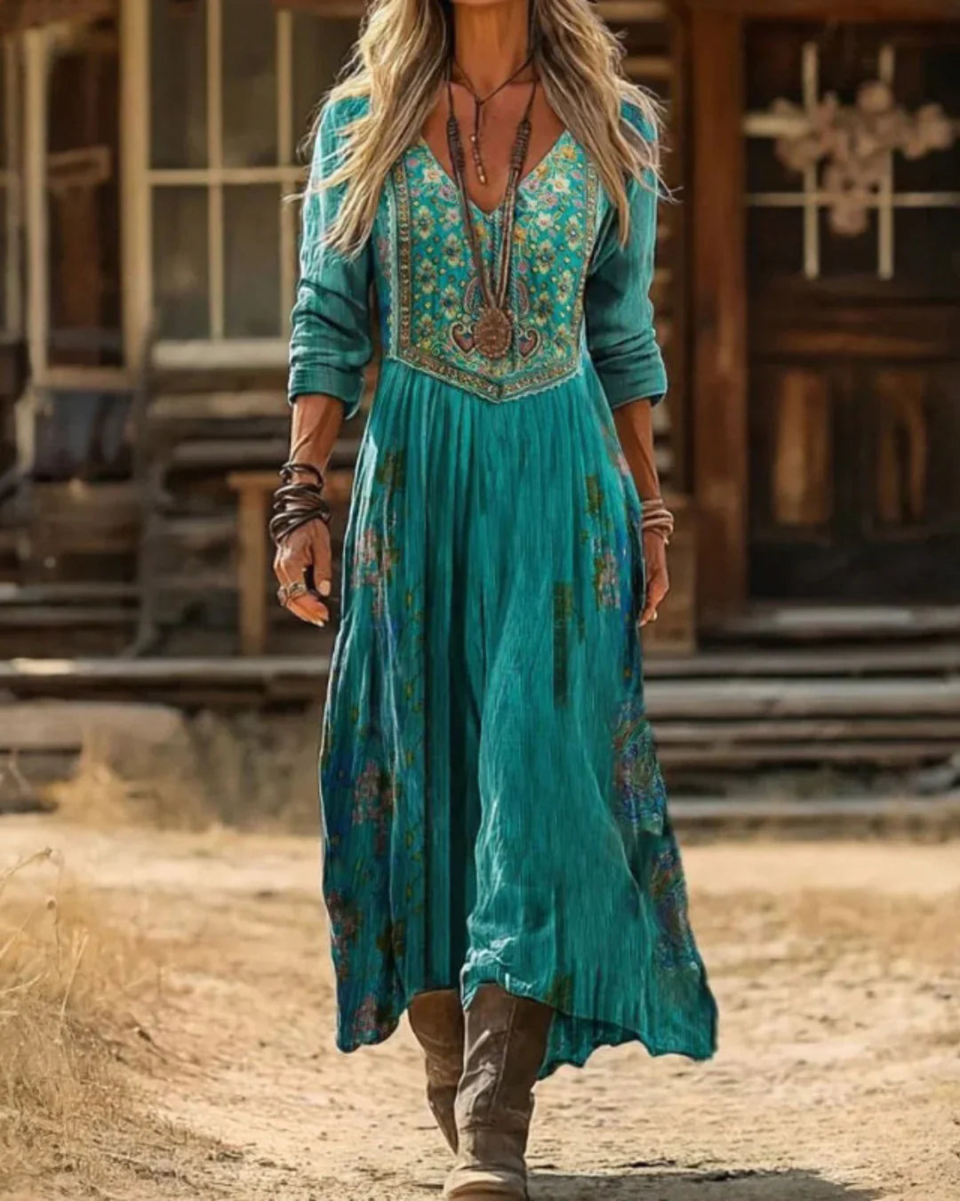 Brigitte | Romantisches V-Ausschnitt Maxikleid mit floraler Stickerei