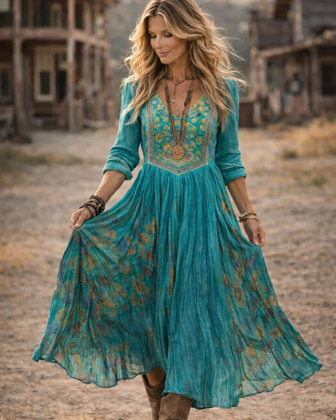 Brigitte | Romantisches V-Ausschnitt Maxikleid mit floraler Stickerei