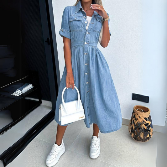 Clara | Elegantes Jeans-Midikleid mit Puffärmeln