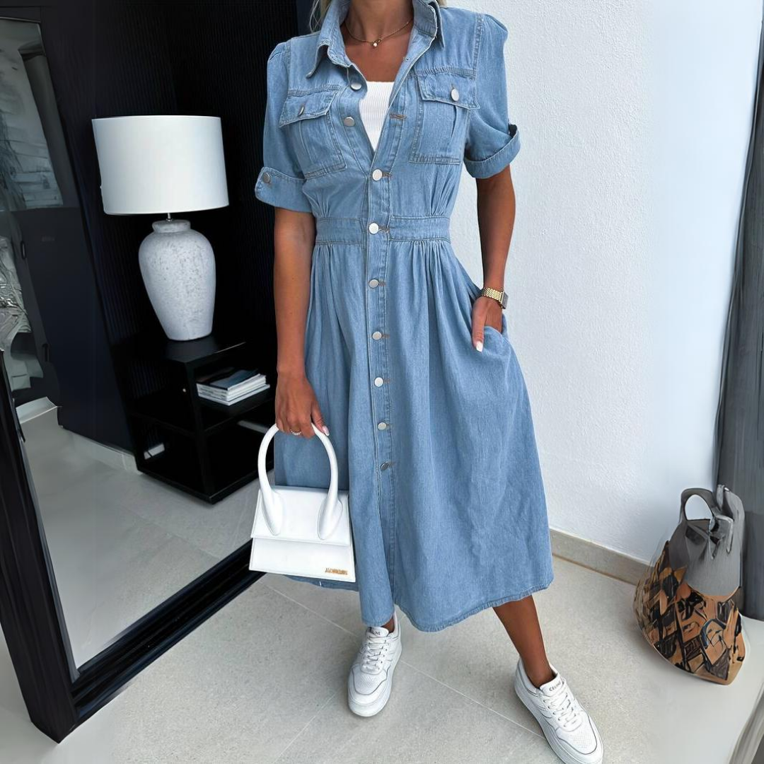 Clara | Elegantes Jeans-Midikleid mit Puffärmeln