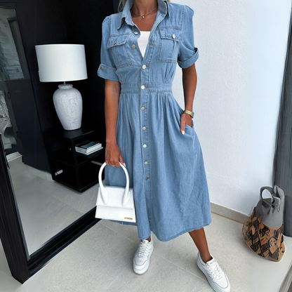 Clara | Elegantes Jeans-Midikleid mit Puffärmeln