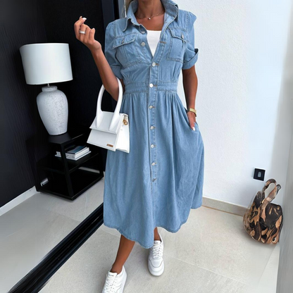 Clara | Elegantes Jeans-Midikleid mit Puffärmeln