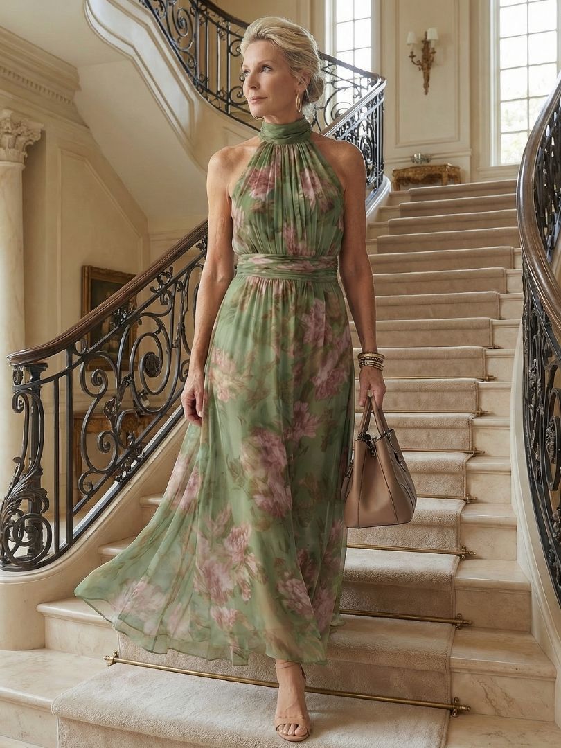 Karolin | Elegantes Neckholder-Midikleid mit floralem Print