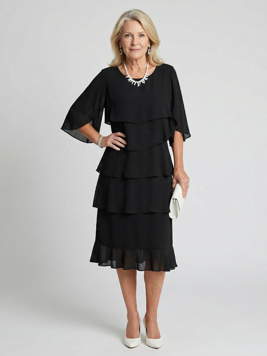 Martina | Elegantes Stufen-Midikleid mit romantischen Flatterärmeln