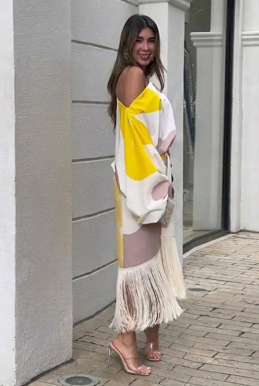 Martina | Elegantes One-Shoulder-Midi-Set mit asymmetrischen Fransendetails