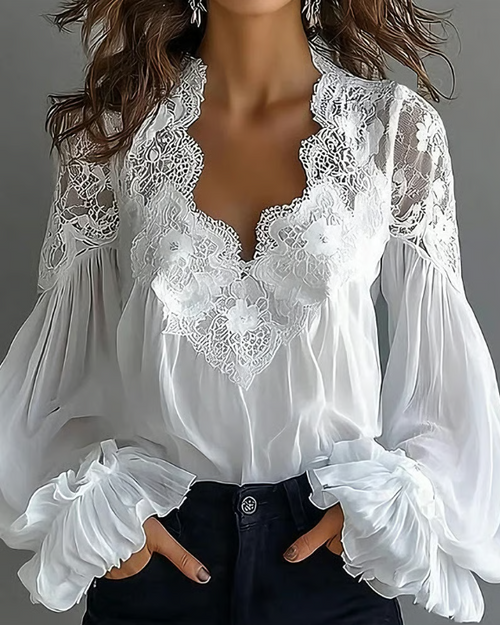 Greta | Elegante Spitzenbluse mit Laternenärmeln