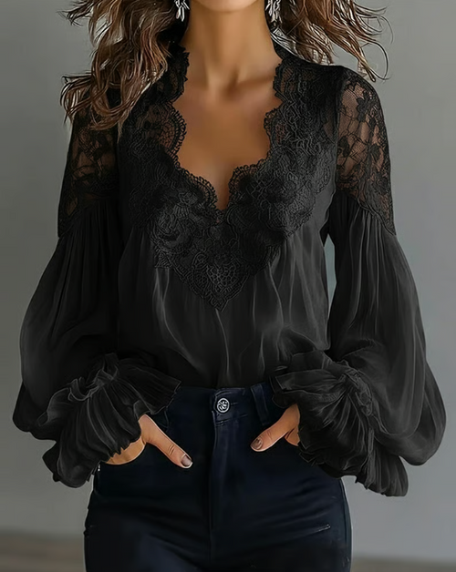 Greta | Elegante Spitzenbluse mit Laternenärmeln