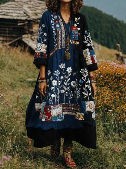 Aurelia™ | Boho Langarmkleid mit Patchwork Blumenmuster