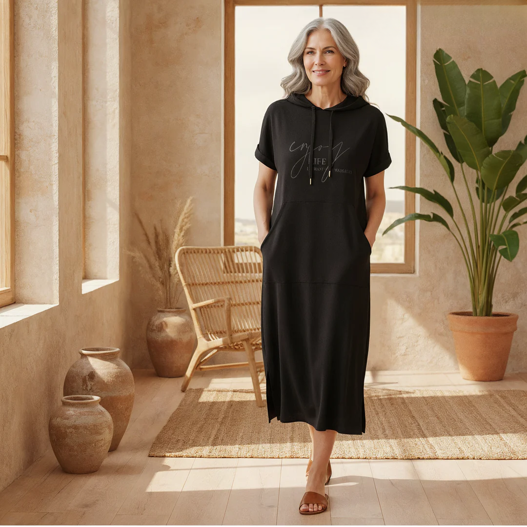 Nordhain™ | Damen Hoodie-Kleid mit Kängurutasche und Slogan-Print