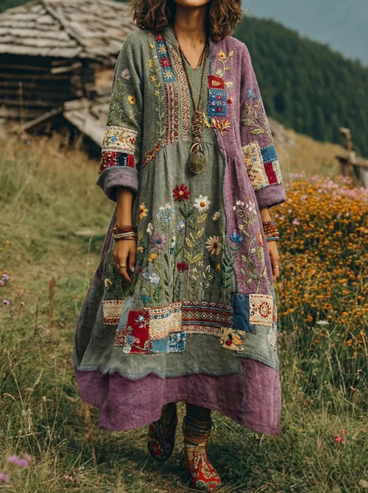 Aurelia™ | Boho Langarmkleid mit Patchwork Blumenmuster