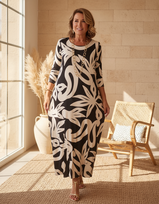 Luviaren™ | Maxikleid mit abstraktem Druck und 3/4-Ärmeln