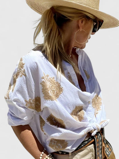 Valerien™ | Damen Bluse mit floraler Stickerei und Roll-up Ärmeln