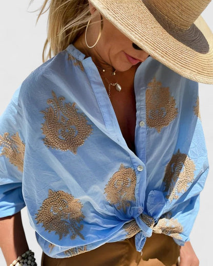 Valerien™ | Damen Bluse mit floraler Stickerei und Roll-up Ärmeln