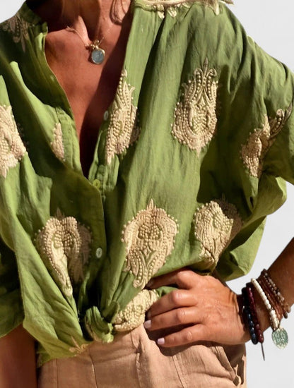 Valerien™ | Damen Bluse mit floraler Stickerei und Roll-up Ärmeln