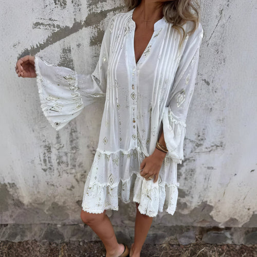 Aurelis™ | Boho Midikleid mit Empire-Taille und Goldakzenten