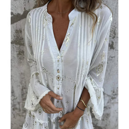 Aurelis™ | Boho Midikleid mit Empire-Taille und Goldakzenten