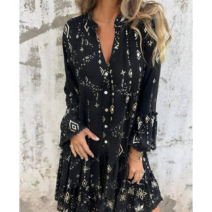 Aurelis™ | Boho Midikleid mit Empire-Taille und Goldakzenten