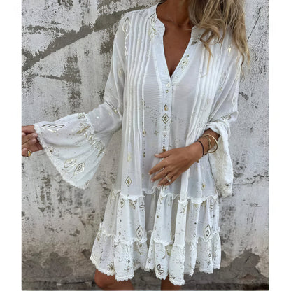 Aurelis™ | Boho Midikleid mit Empire-Taille und Goldakzenten